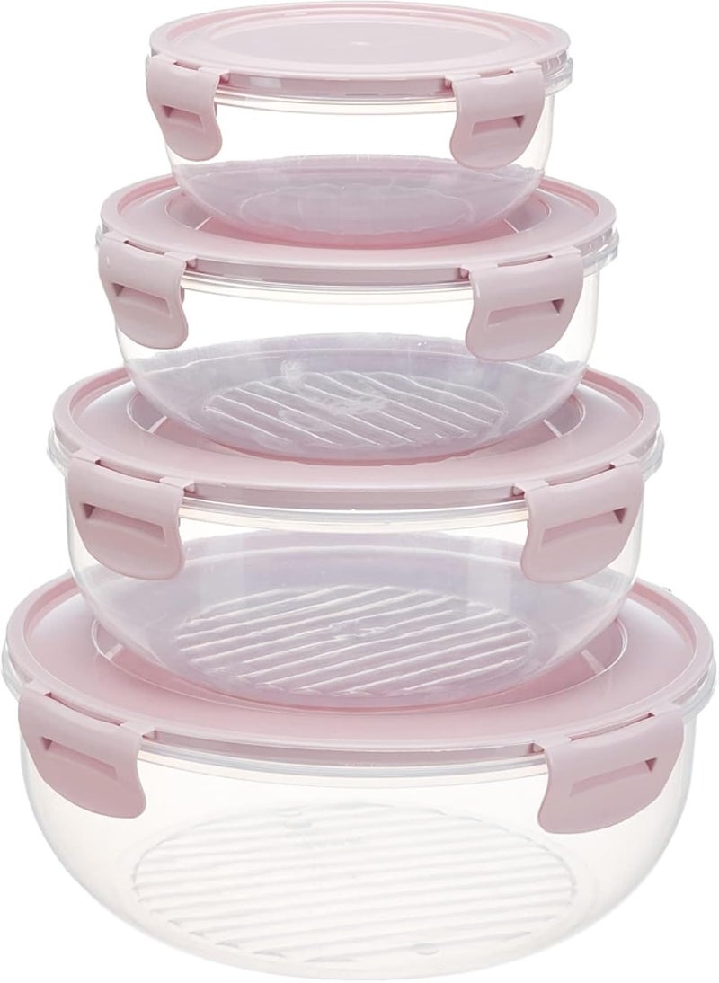 مجموعة حاويات ثلاجة بلاستيكية دائرية من بي بي مع غطاء بمشبك ملون، 4 قطع، وردي شفاف